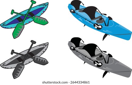 Duo de Kayak e Paddle Designs: Black and White Outline e Blue Two-Person Tandem Kayak com remos para esportes aquáticos e recreação