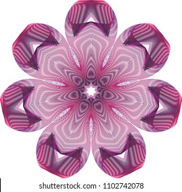 Duo layered guilloche peacock rosette with open fluted and collared petals in shades of light and dark violet and multiple moire designs.
