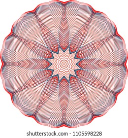 Duo layered guilloche starburst rosette with fish shaped inward pointed petals in red and blue.