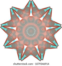 Duo layered guilloche wheel rosette with contrasting colors of light blue and dark red colors that give a sense of glowing tips.