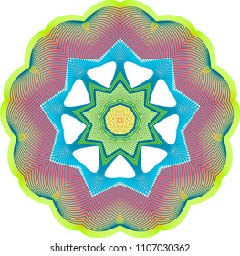 Duo layered guilloche wheel rosette with thick lines in bright colors.