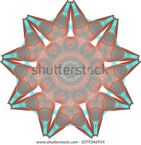 Duo layered guilloche wheel rosette with contrasting colors of light blue and dark red colors that give a sense of glowing tips.