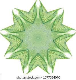 Duo layered leafy guilloche rosette with green gradient colors and intricate moire effect.