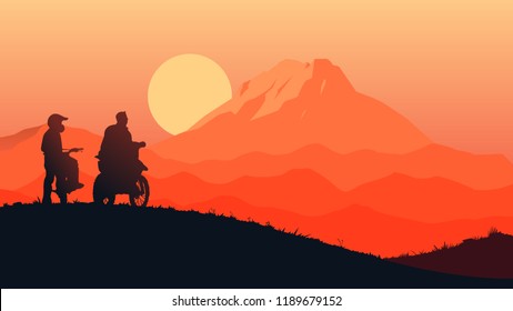 duo motocrosser sillhouetter rest and see sunrise flat style illustration vector