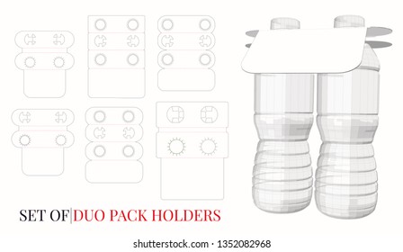 Duo Pack Bottles Hanger Template, Vector With Die Cut  Laser Cut Lines. Set Of Bottle Holders With Six Different Designs. White, Clear, Blank, Isolated Mock Up On White Background, Perspective View