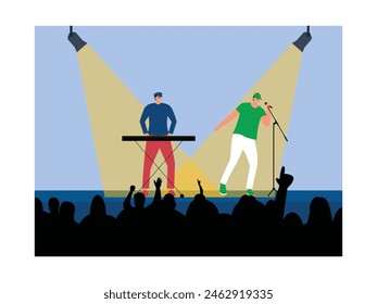 Duo singers holding a concert with their fans, vector illustration.