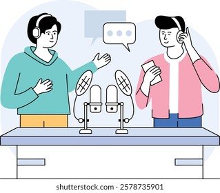 Duo Standup Comic Pod casters concept, internet comedy show vector design, Podcast or slice-of-life journalism scene, Web television series banner, vodcast or audio blogging stock illustration