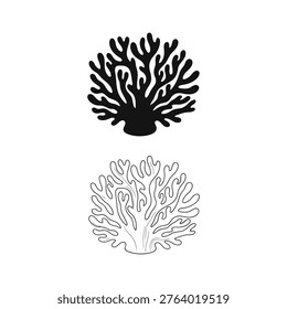 A duo of stylized coral reef illustrations presented sidebyside for a clear visual contrast between solid silhouette and detailed line art offering versatile design elements for aquatic or natural themes