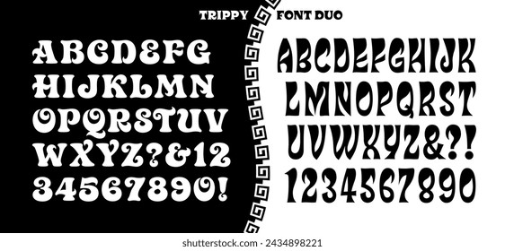 A duo of trippy psychedelic style alphabets in the vein of 1960s hippie poster art.