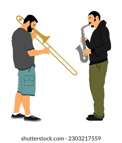 Duo Trombone and trumpet players vector illustration isolated. Duet Music man play wind instrument. Artist boy jazz band. Bugler street performer. Saxophone musician play on entertainment event.