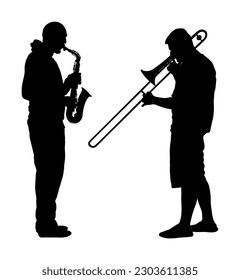 Duo Trombone and trumpet players vector silhouette illustration isolated. Music man play wind instrument shape. Artist boy jazz band. Bugler street performer. Musician play on entertainment event.