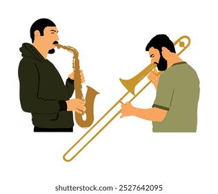 Duo Trombone and trumpet players vector illustration isolated. Duet Music man play wind instrument. Artist boy jazz band. Bugler street performer. Saxophone musician play on entertainment event.