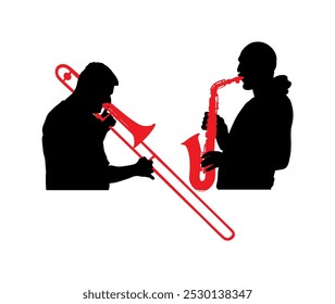 Duo Trombone and trumpet players vector silhouette illustration isolated. Duet Music man play wind instrument. Artist boy jazz band. Bugler street performer. Saxophone musician shape shadow play.