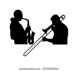 Duo Trombone and trumpet players vector silhouette illustration isolated. Duet Music man play wind instrument. Artist boy jazz band. Bugler street performer. Saxophone musician shape shadow play.