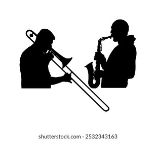 Duo Trombone and trumpet players vector silhouette illustration isolated. Duet Music man play wind instrument. Artist boy jazz band. Bugler street performer. Saxophone musician shape shadow play.