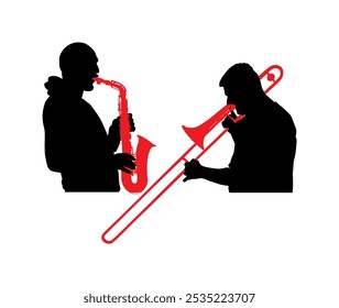 Duo Trombone e trompete jogadores vetor silhueta ilustração isolada. Dueto Música homem tocar instrumento de vento. Banda de jazz do artista boy. Artista de rua Bugler. Músico de saxofone forma sombra jogo.