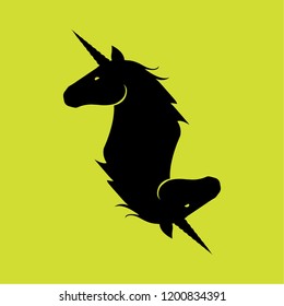 Duo unicorn logo on yellow background. Two upside down unicorn logo. Vector Illustration.