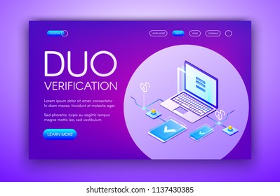 Duo verification vector illustration of computer and smartphone with dual authentication for private data access. Smart devices and security password technology on purple ultraviolet background