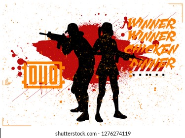 Duo woman and man.  Military team, concept of games. Silhouettes of military in style grunge and slogan: winner winner chicken dinner. Vector grunge style