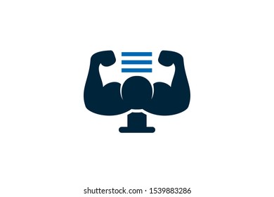 Duoble strong hand shaped like pc monitor. Three long square as data symbol. The logo design template use bright and dark blue.