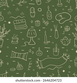 Duochrome doodle seamless pattern with elements related to comfort and home. Set of a cozy home for banners, textiles and packaging.