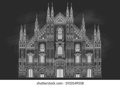 Catedral del Duomo en Milán, Italia. Esbozo vectorial. Estilo retro.