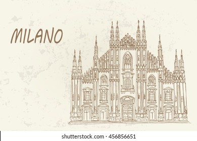 Duomo cathedral in Milan. Vector sketch. Retro style.