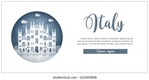 Duomo di Milano, Italy. World famous landmark with white frame and label. Travel postcard and poster, brochure, advertising Vector illustration. 