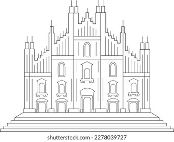 Duomo di Milano, line art, vector illustration, black and white, editable stroke, eps