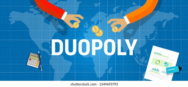 Duopoly concept of two company dominate market share of a product. Market leader generate sales or revenue in business competition.