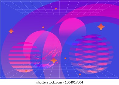 Duotone abstract geometric background, balls and spheres, futuristic concept, bright neon blue, pink and orange colors, vector illustration