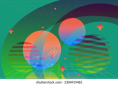 Duotone abstract geometric background, space galaxy design, 3D futuristic concept, bright neon blue, green and orange colors, vector illustration
