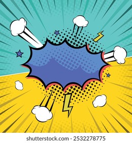 duotone boom pop art style speech bubble comic background with clouds and stars, cartoon vector illustration speech balloon