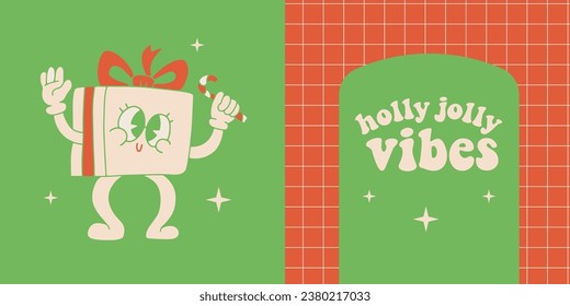 Duotone cards with Retro Cartoon funny gift box Christmas character and vintage groovy quote - Holly Jolly vibes. Vector hand drawn red and green illustration.