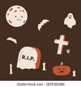 Duotone Cartoon halloween cemetery scene. Funny and evil dead moon, bats, gravestone, grave gross, pumpkin, spider and ghost. Isolated on neutral brown background. Halloween Vector pack.