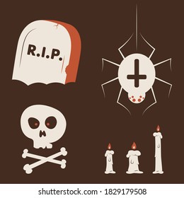 Duotone Cartoon halloween symbols set. Funny and evil gravestone, spider crusader, skull with bones and candels. Isolated on neutral brown background. Halloween Vector pack.