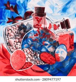 Duotone collage with plants growing in two glass bottles filled with pebbles standing with weed-covered mirrors on grass against icy sky background: still life of potions with magic power of nature