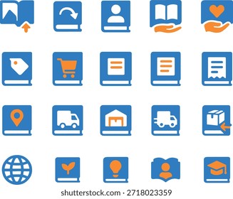Duotone collection of book publishing e-commerce education and delivery icons representing global access to learning and knowledge sharing