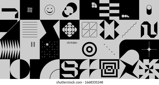 Duotone colored digital collage of vector abstract infographic elements made with geometric shapes and forms, useful for web background, website header, poster design, digital print, cover artwork.
