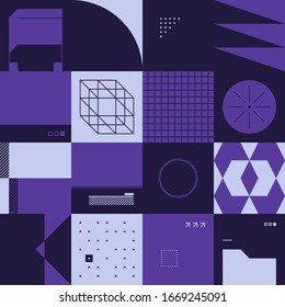 Duotone colored digital collage of vector abstract infographic elements made with geometric shapes and forms, useful for web background, website header, poster design, digital print, cover artwork.