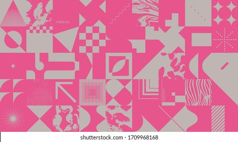 Duotone Colored Digital Collage Of Vector Abstract Infographic Elements Made With Geometric Shapes And Forms, Useful For Web Background, Website Header, Poster Design, Digital Print, Cover Artwork.