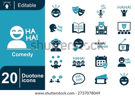 duotone comedy icon set capturing jokes, laughter, comedy shows, and funny interactions, combining expressive symbols with balanced contrast for visual engagement.