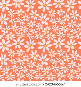 Duotone seamless pattern with little flowers. Cute groovy distorted daisy elements, fun modern flat vector illustration, midcentury art