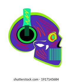 Duotone skull side view with headphones, neon color vector illustration.