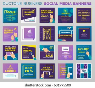 Duo-tone styled social media business banners and post templates. Outlined vector design, easy to edit.