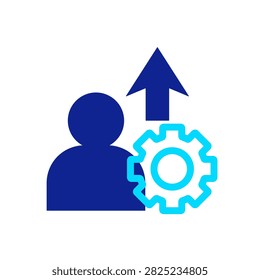 Duotone upskill icon featuring a person, gear, and upward arrow representing skill development, employee training, career growth, and professional improvement.