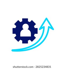 Duotone upskill icon featuring a person inside a gear with a curved upward arrow representing skill improvement, professional development, training, and career advancement.