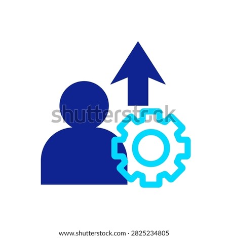 Duotone upskill icon featuring a person, gear, and upward arrow representing skill development, employee training, career growth, and professional improvement.