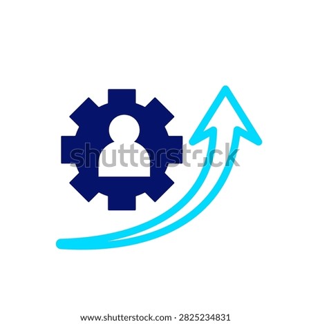 Duotone upskill icon featuring a person inside a gear with a curved upward arrow representing skill improvement, professional development, training, and career advancement.