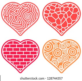 Duotone Vector Illustration: four Heart Shapes with Tangled Lines Inside Different Textures. Set of Decorated Maze   